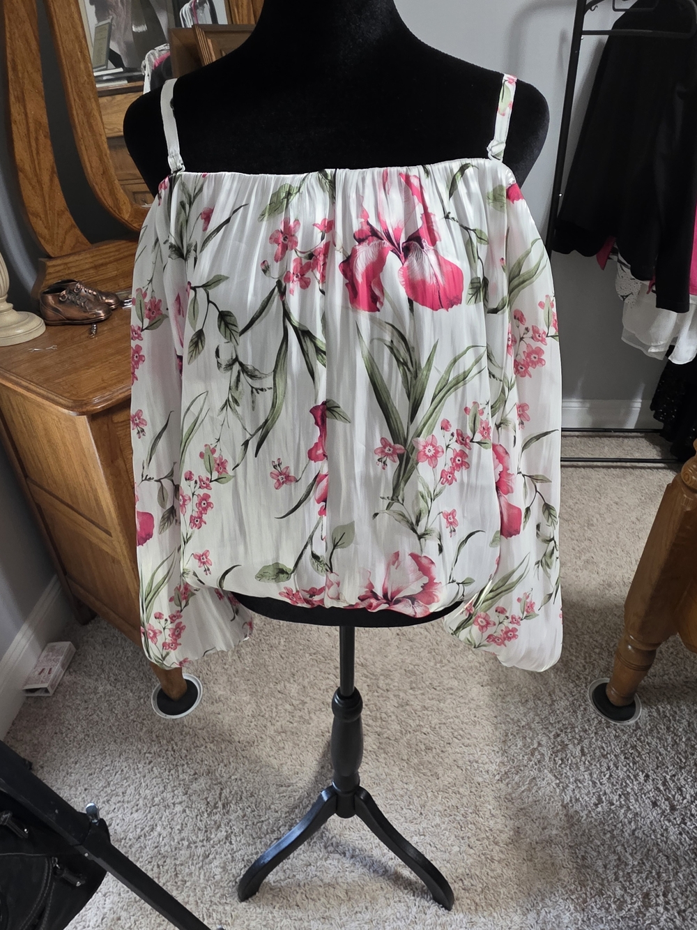 White Floral Off-Shoulder Blouse with Pink Bloom Print